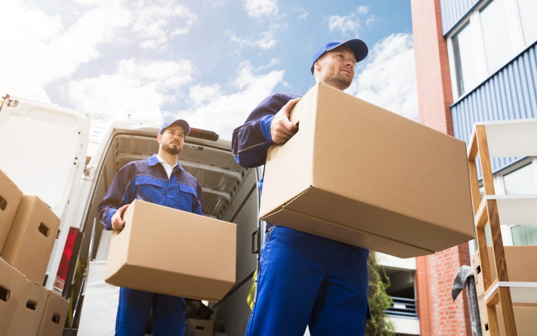 Two Young Relocation Partners Carrying Cardboard Box out of truck